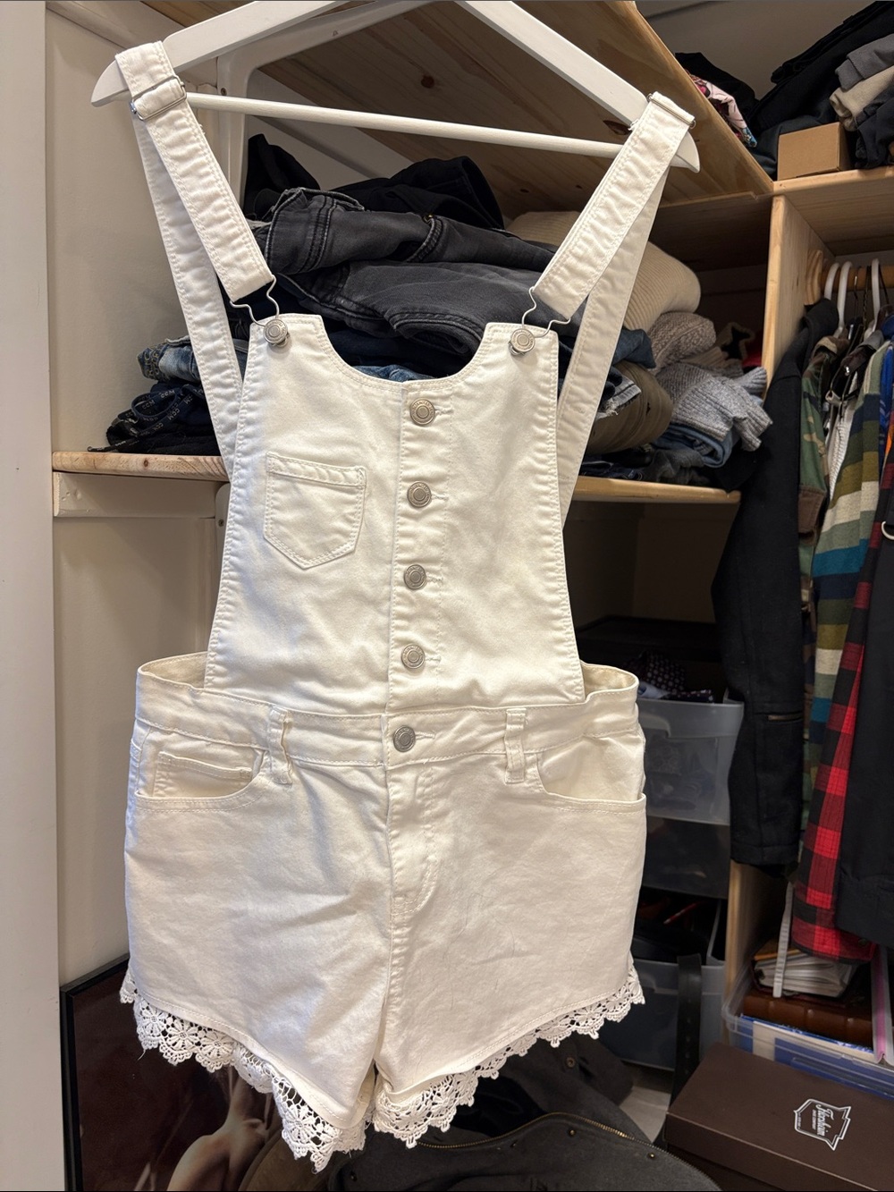 Bluenotes White Denim Lace-trim Overall Shorts with Button Bib